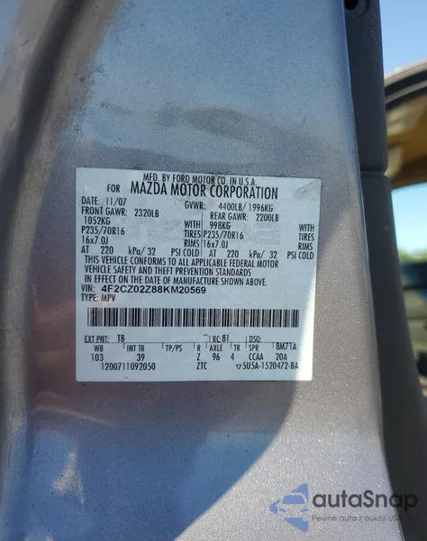 2008 Mazda Tribute I из США, поврежденный, VIN 4F2CZ02Z88KM20569